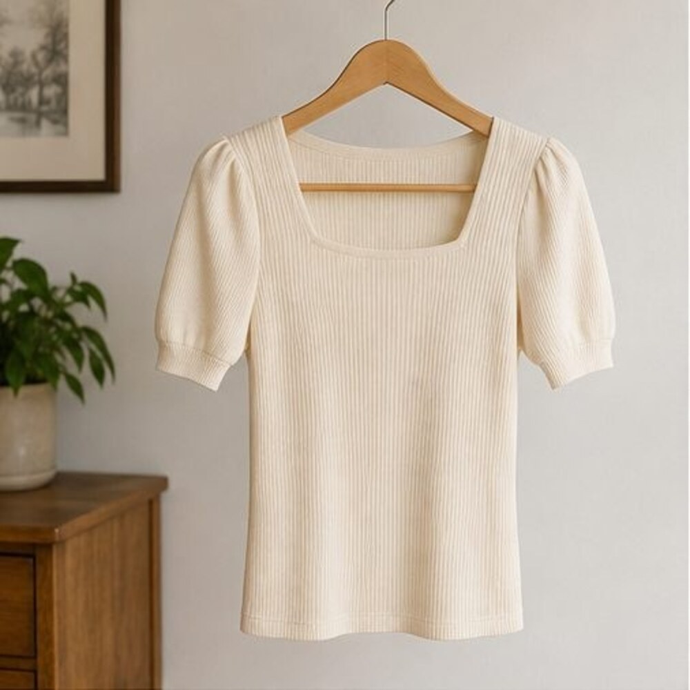 Cream Ribbed Square Neck Top